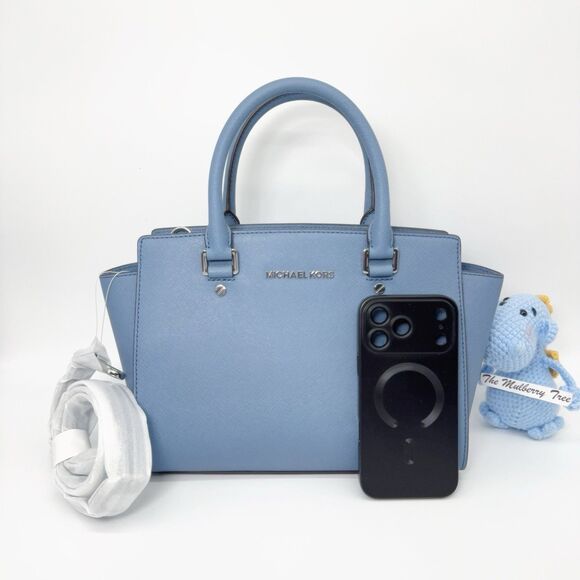 Michael Kors Medium Selma Saffiano Leather Denim Blue Crossbody Strap Satchel - Picture 2 of 9